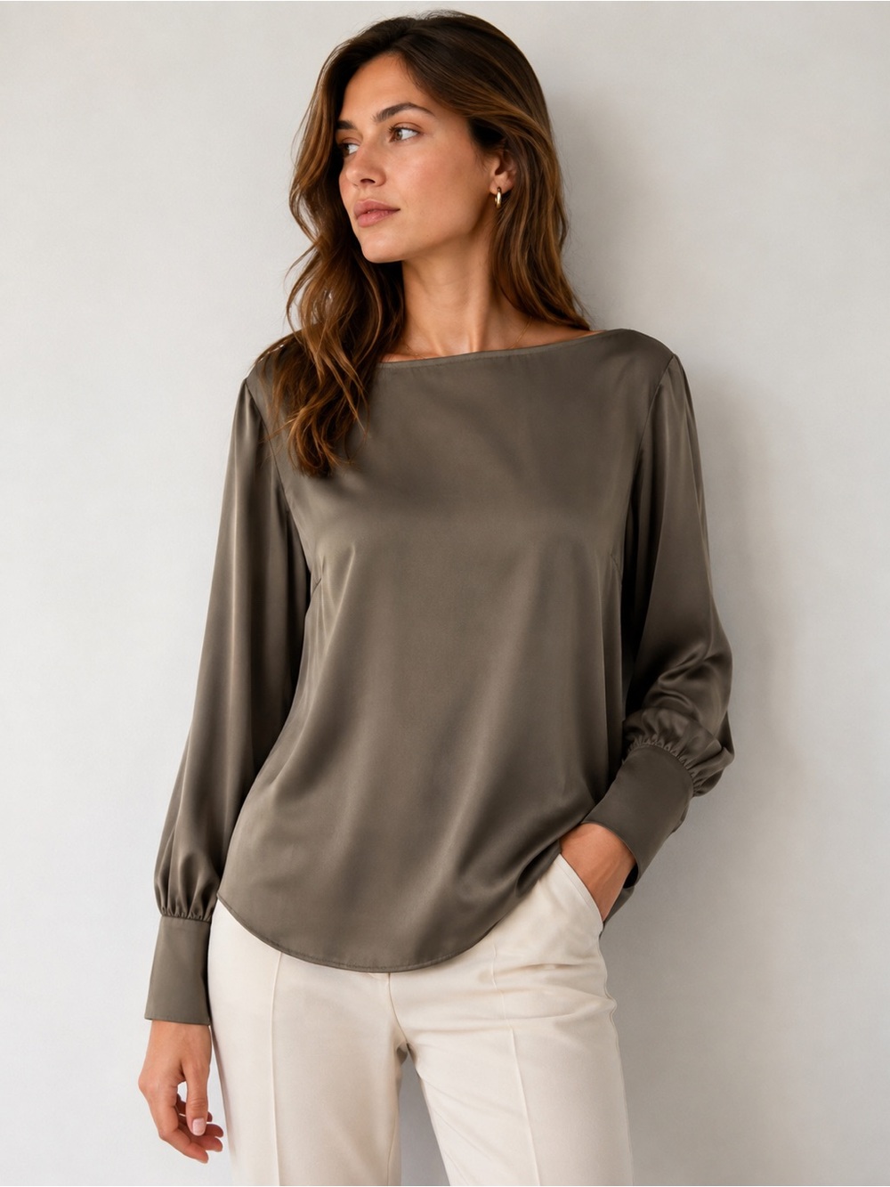 H&M Olive Satin Boat Neck Blouse Long Sleeve Wide Cuff Side Slit Top Size Small